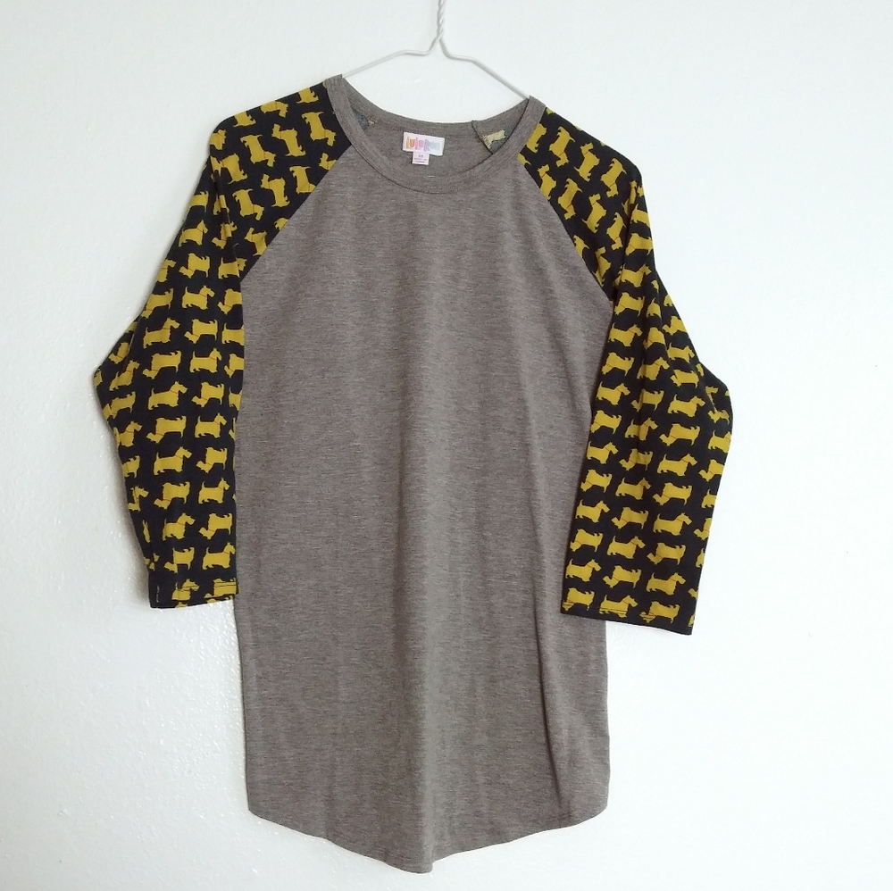 LulaRoe Randy Baseball T Shirt Women's Size M Grey Yellow Print